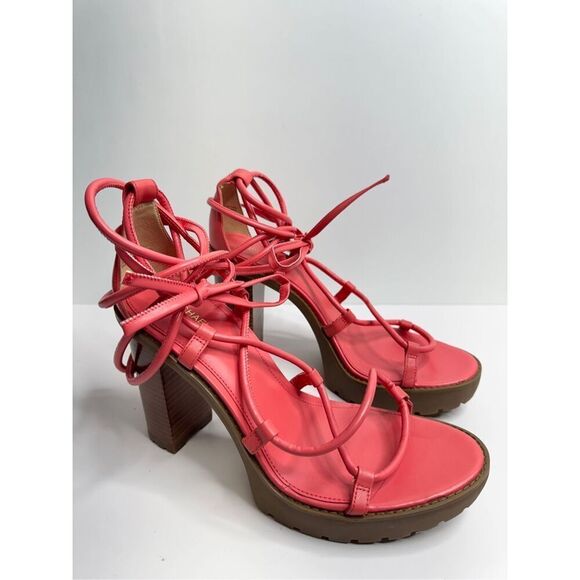 Michael Kors Platform Sandal Size 10 Coral Leather Ankle Wrap Open Toe Heels‎ - Picture 2 of 9